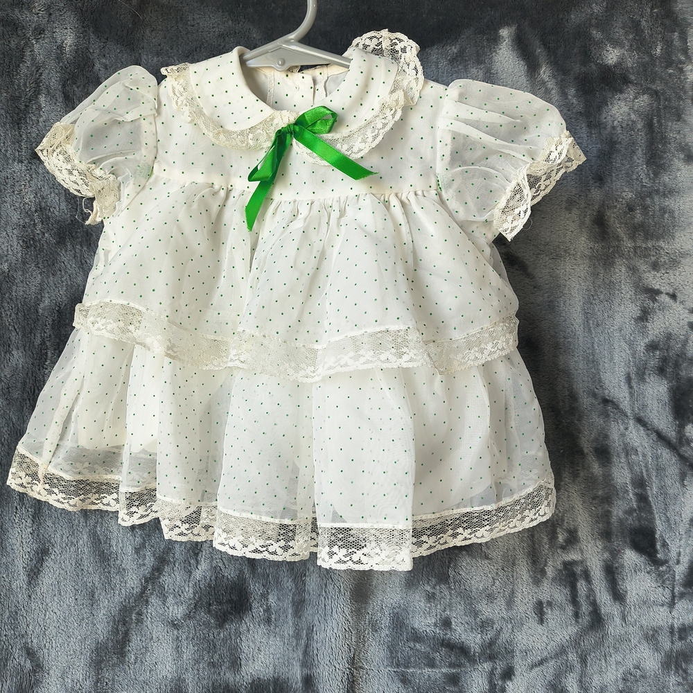 White Lace Baby Dress with Green Bow Newborn
